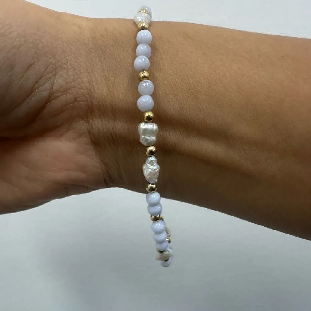 14K Blue Lace Agate, Gold Beads & Pearls Bracelet 8.5” 14KT Vintage